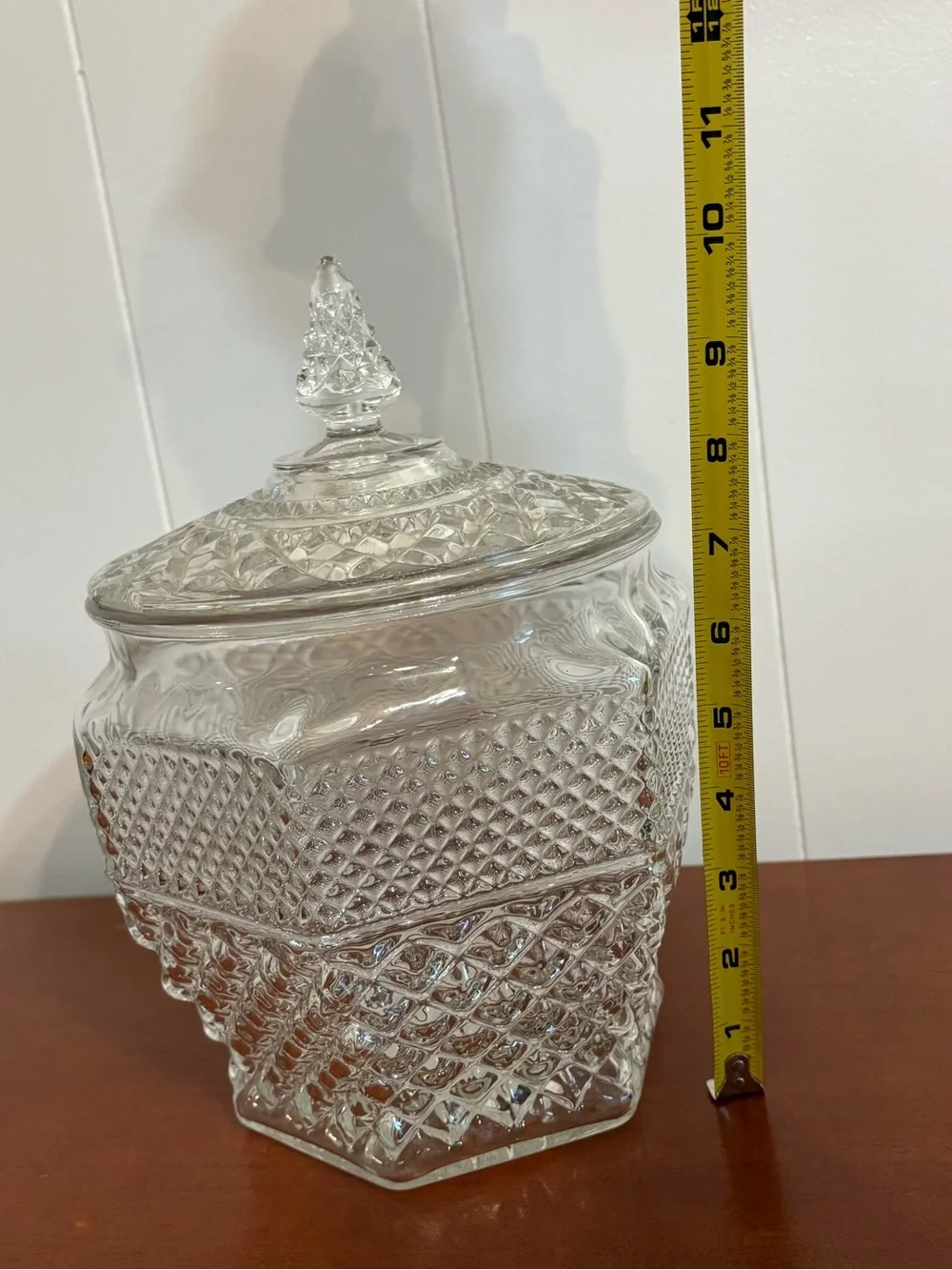 VTG Indiana Glass Diamond Point Hexagon Cookie Jar Lidded Crystal Canister MCM
